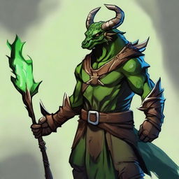 Create a fantasy RPG art of a dragonborn druid with green skin, horns, wearing natural, earthy clothing, and holding a spear.