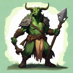 Create a fantasy RPG art of a dragonborn druid with green skin, horns, wearing natural, earthy clothing, and holding a spear.