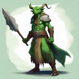 Generate a fantasy RPG art of a dragonborn druid with green skin, horns, dressed in natural clothing and holding a spear.