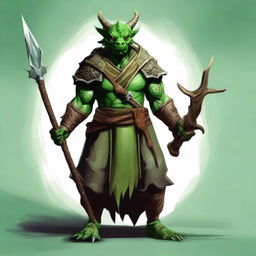 Generate a fantasy RPG art of a dragonborn druid with green skin, horns, dressed in natural clothing and holding a spear.