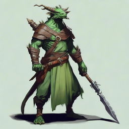 Generate a fantasy RPG art of a dragonborn druid with green skin, horns, dressed in natural clothing and holding a spear.