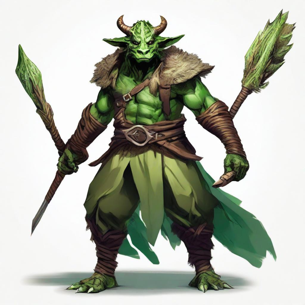 Generate a fantasy RPG art of a dragonborn druid with green skin, horns, dressed in natural clothing and holding a spear.