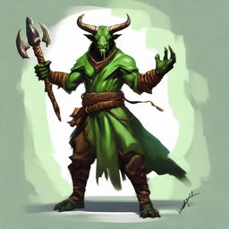 Create an RPG art piece featuring a druid dragonborn with green skin, horns, natural clothes and holding a spear.