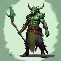 Create an RPG art piece featuring a druid dragonborn with green skin, horns, natural clothes and holding a spear.