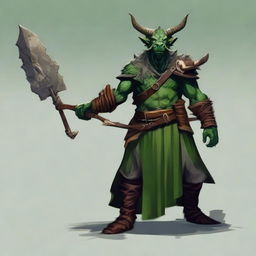 Create an RPG art piece featuring a druid dragonborn with green skin, horns, natural clothes and holding a spear.