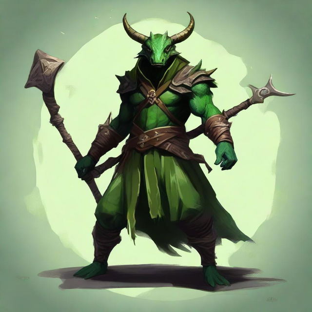 Create an RPG art piece featuring a druid dragonborn with green skin, horns, natural clothes and holding a spear.