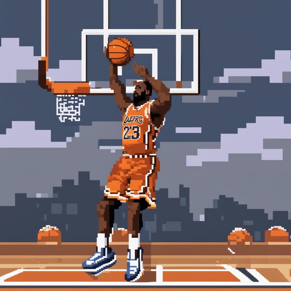 A pixel art animation sequence featuring Lebron James performing a dunk