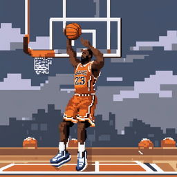 A pixel art animation sequence featuring Lebron James performing a dunk