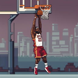A pixel art animation sequence featuring Lebron James performing a dunk