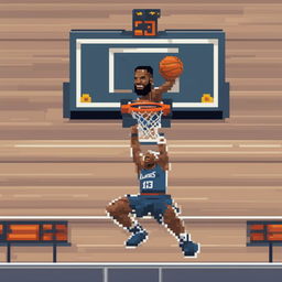 A pixel art animation sequence featuring Lebron James performing a dunk