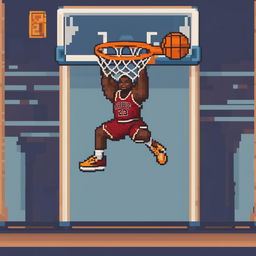 A pixel art animation sequence featuring Lebron James performing a dunk