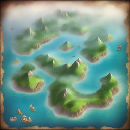 Create a fantasy world map featuring numerous islands at the center, enveloped by intense fog.