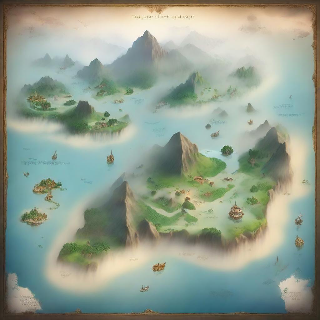 Create a fantasy world map featuring numerous islands at the center, enveloped by intense fog.