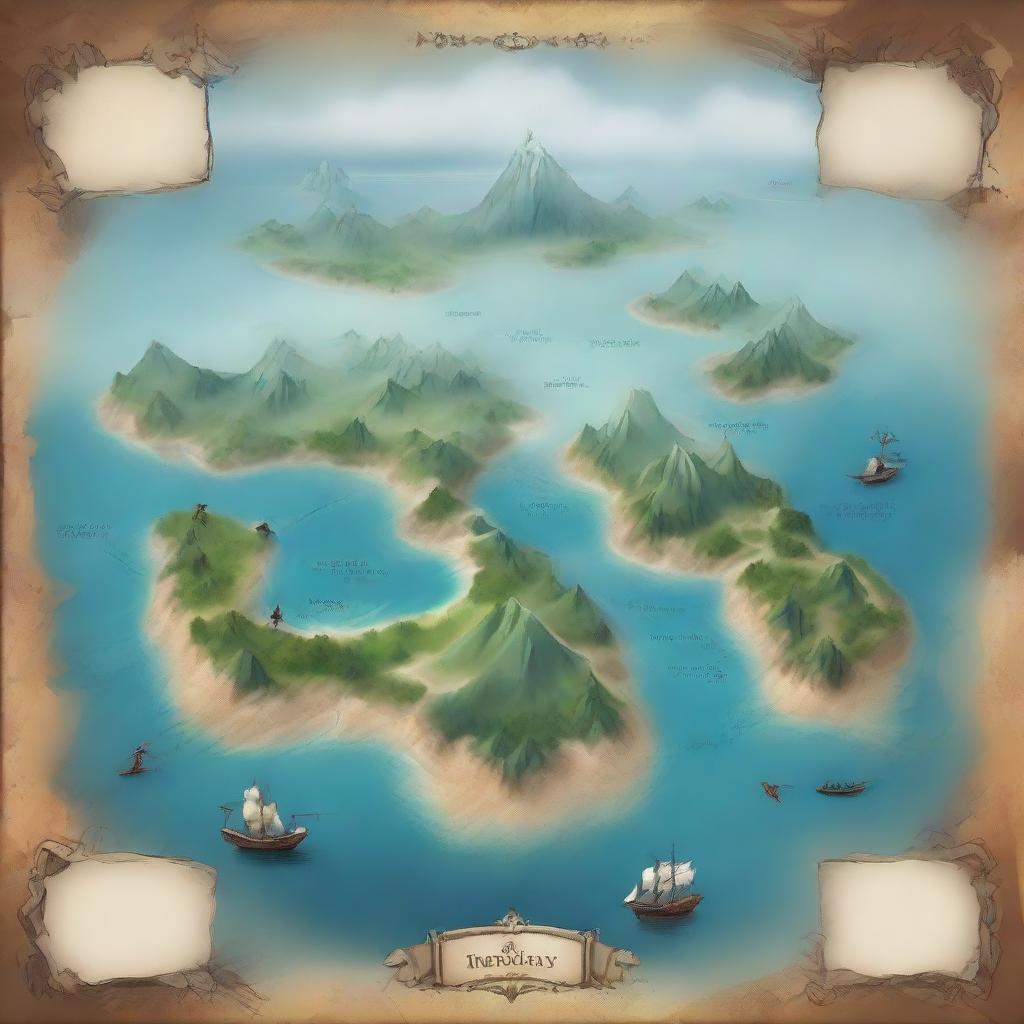 Create a fantasy world map featuring numerous islands at the center, enveloped by intense fog.