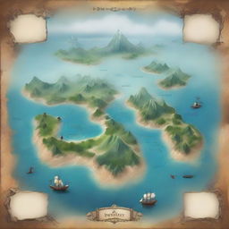 Create a fantasy world map featuring numerous islands at the center, enveloped by intense fog.