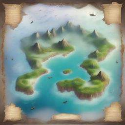 Create a fantasy world map featuring numerous islands at the center, enveloped by intense fog.