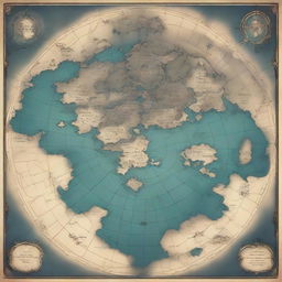 Generate a fantasy world map, hosting numerous islands at its center, encircled by an enormous, mysterious, and seemingly abyssal continent.