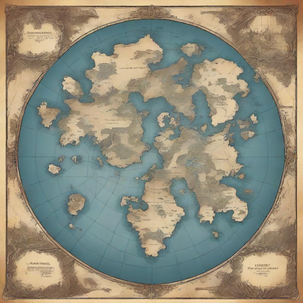 Generate a fantasy world map, hosting numerous islands at its center, encircled by an enormous, mysterious, and seemingly abyssal continent.