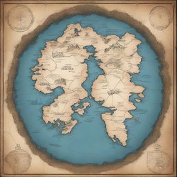 Generate a fantasy world map, hosting numerous islands at its center, encircled by an enormous, mysterious, and seemingly abyssal continent.