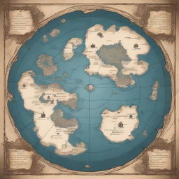 Generate a fantasy world map, hosting numerous islands at its center, encircled by an enormous, mysterious, and seemingly abyssal continent.