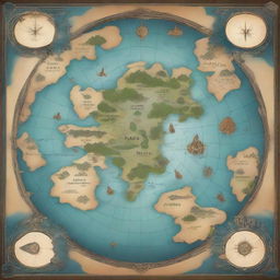 A fantasy world map featuring numerous islands clustered in the center, bordering on a vast, uncharted continent radiating mystery and intrigue