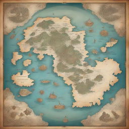 A fantasy world map featuring numerous islands clustered in the center, bordering on a vast, uncharted continent radiating mystery and intrigue