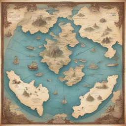 A fantasy world map featuring numerous islands clustered in the center, bordering on a vast, uncharted continent radiating mystery and intrigue