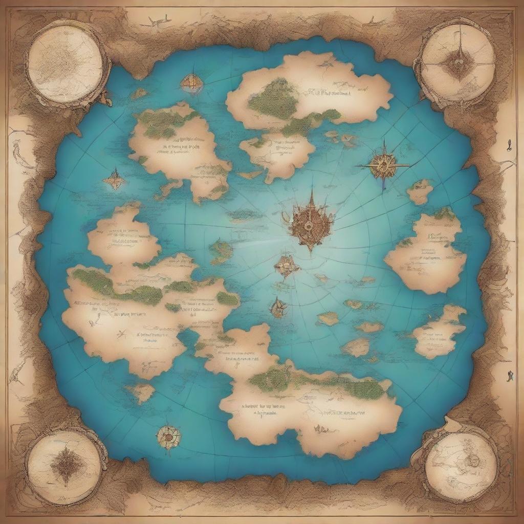 A fantasy world map featuring numerous islands clustered in the center, bordering on a vast, uncharted continent radiating mystery and intrigue