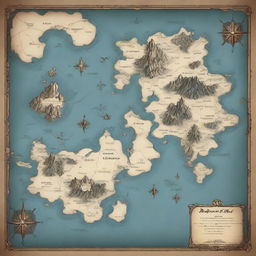 Generate a fantasy world map, featuring numerous islands centrally located and encompassed by an enormous, mysterious abyssal continent.