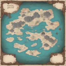 Generate a fantasy world map, featuring numerous islands centrally located and encompassed by an enormous, mysterious abyssal continent.