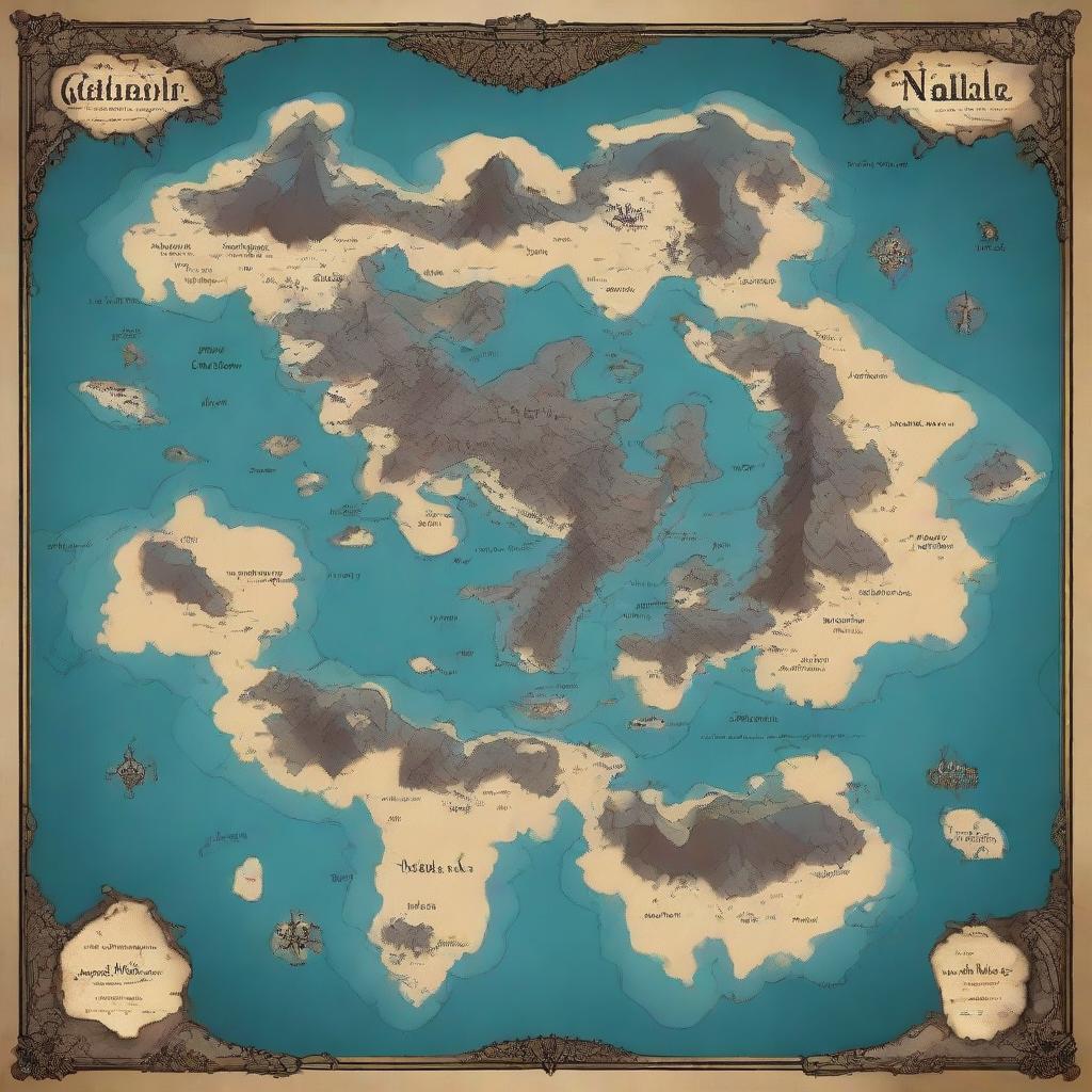 Generate a fantasy world map, featuring numerous islands centrally located and encompassed by an enormous, mysterious abyssal continent.