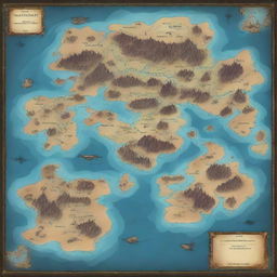 Generate a fantasy world map, featuring numerous islands centrally located and encompassed by an enormous, mysterious abyssal continent.