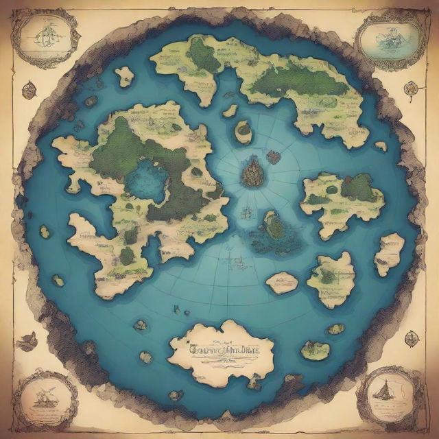 A fantasy world map featuring a multitude of islands centered, encircled by a vast, mysterious continent that seems abyss-like in nature.