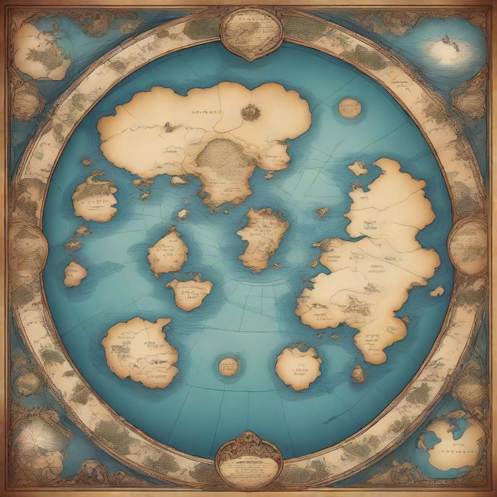 A fantasy world map featuring numerous islands in the center, encircled by an immense, mysterious continent teeming with the unknown.