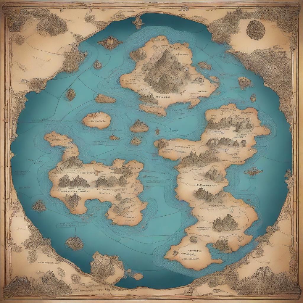 A fantasy world map featuring numerous islands in the center, encircled by an immense, mysterious continent teeming with the unknown.