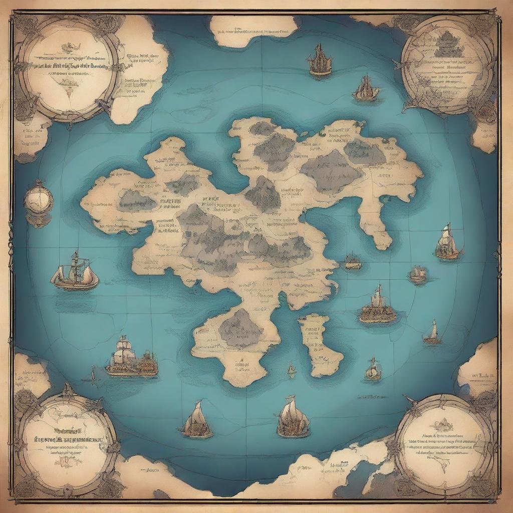 Fantasy world map featuring numerous islands in the center of the world with a mysterious, abyssal continent surrounding them