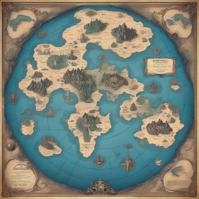 Fantasy world map featuring numerous islands in the center of the world with a mysterious, abyssal continent surrounding them