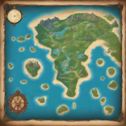 Create a fantasy world map featuring numerous islands centrally located and an enigmatic, abyssal continent surrounding them.