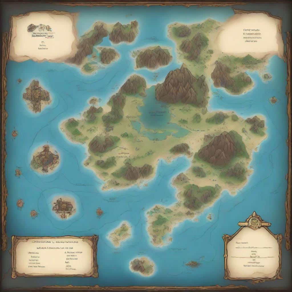 Create a fantasy world map featuring numerous islands centrally located and an enigmatic, abyssal continent surrounding them.