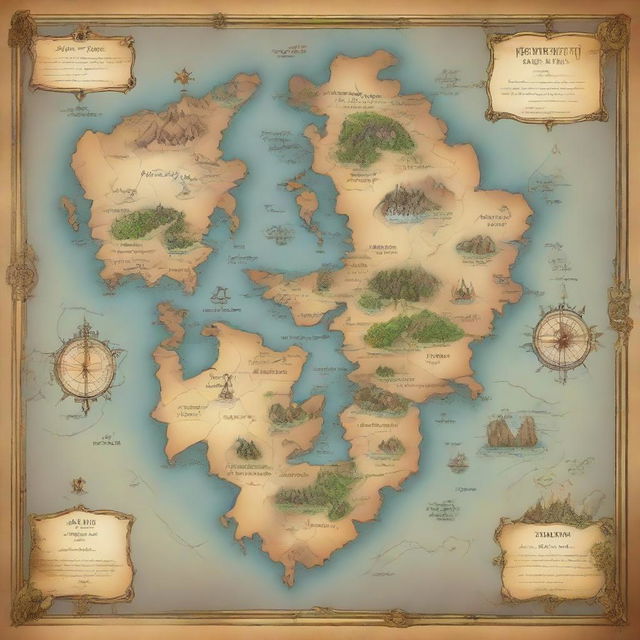 Fantasy world map featuring multiple islands located centrally with an imposing, mysterious continent enveloping the islands