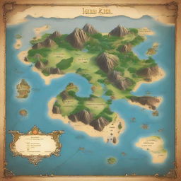 Fantasy world map featuring multiple islands located centrally with an imposing, mysterious continent enveloping the islands