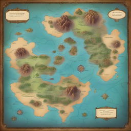 Fantasy world map featuring multiple islands located centrally with an imposing, mysterious continent enveloping the islands