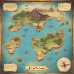 Fantasy world map featuring multiple islands located centrally with an imposing, mysterious continent enveloping the islands