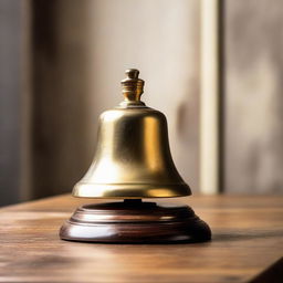 An old fashioned school bell, made of brass, placed atop a wooden desk, ringing and creating vibrations around it.