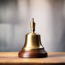 An old fashioned school bell, made of brass, placed atop a wooden desk, ringing and creating vibrations around it.