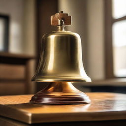 An old fashioned school bell, made of brass, placed atop a wooden desk, ringing and creating vibrations around it.