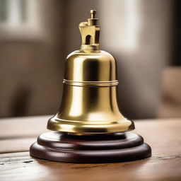 An old fashioned school bell, made of brass, placed atop a wooden desk, ringing and creating vibrations around it.