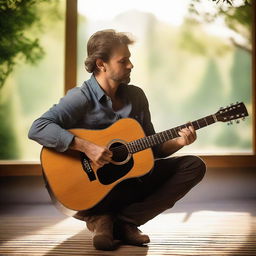 A man skillfully playing an acoustic guitar in a serene, warm atmosphere.