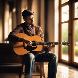 A man skillfully playing an acoustic guitar in a serene, warm atmosphere.