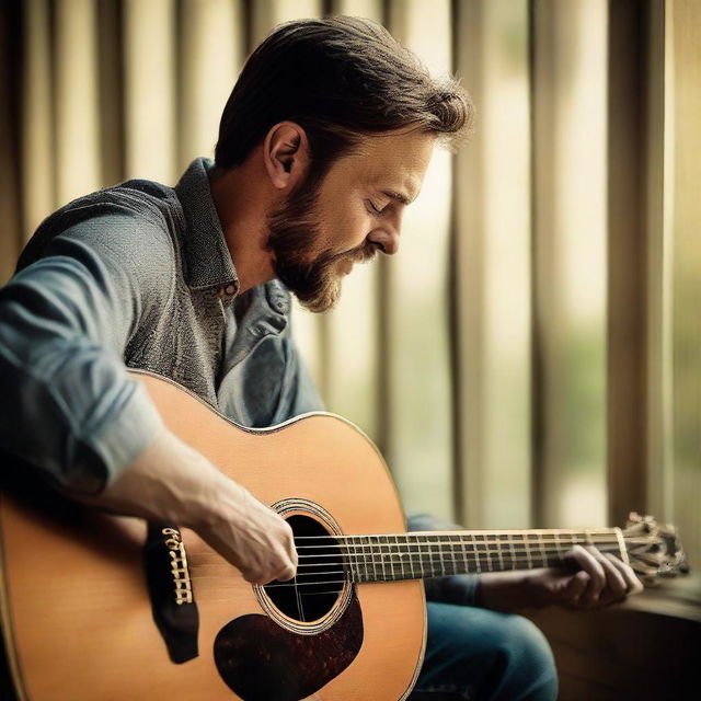 A man skillfully playing an acoustic guitar in a serene, warm atmosphere.